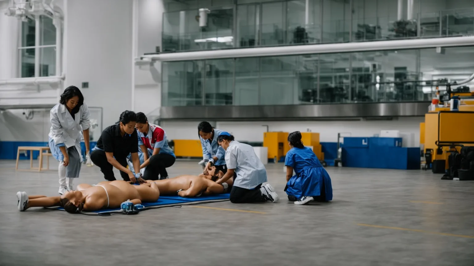 a group of people practicing cpr techniques on mannequins.