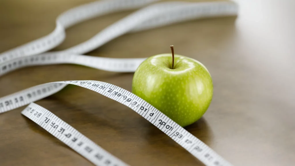 a measuring tape loosely encircles a green apple on a reflective surface, highlighting the focus on healthy eating and weight management.