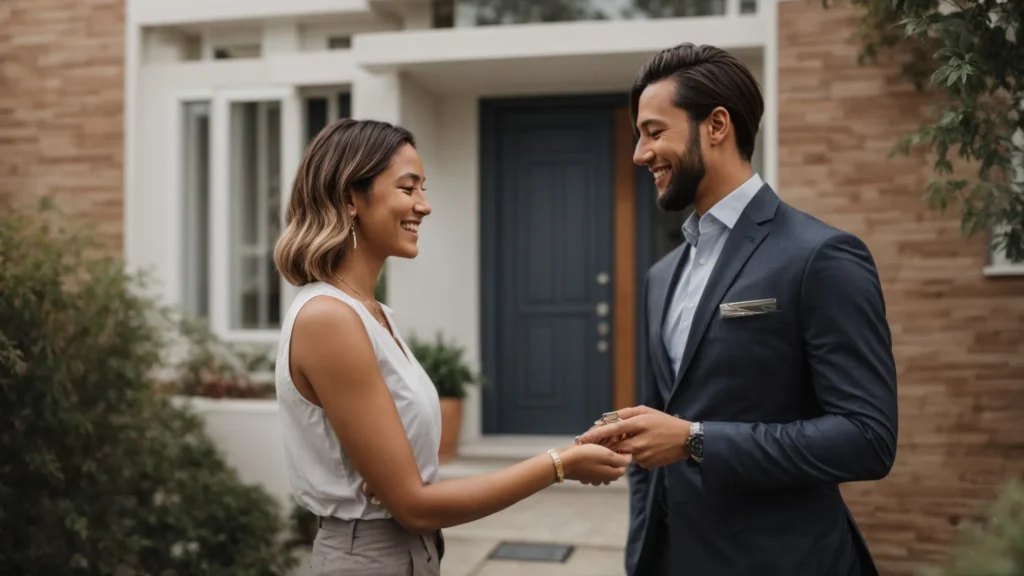 a real estate agent hands over the keys to a smiling couple in front of their new house.