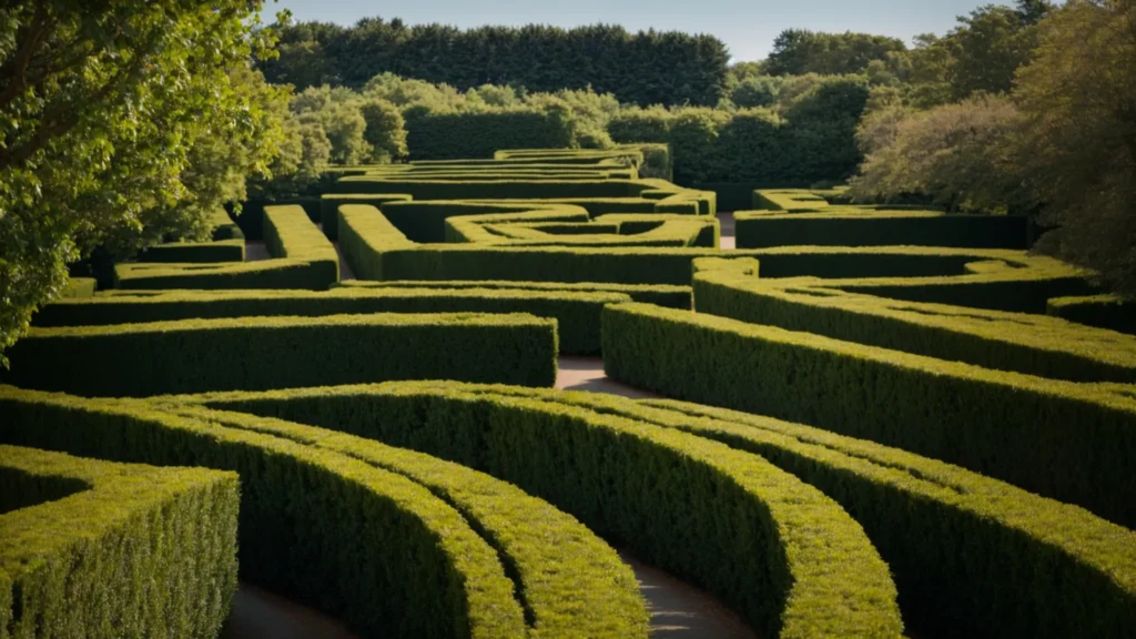 a pathway twists through a large, intricate hedge maze under a clear blue sky.