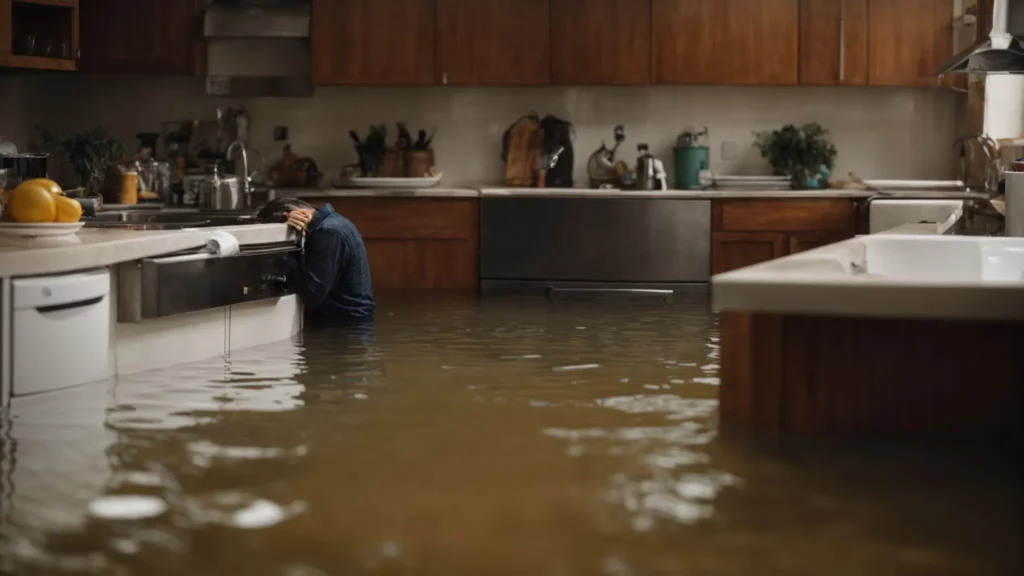 a frustrated homeowner stands in a flooded kitchen, staring at broken pipes under the sink.