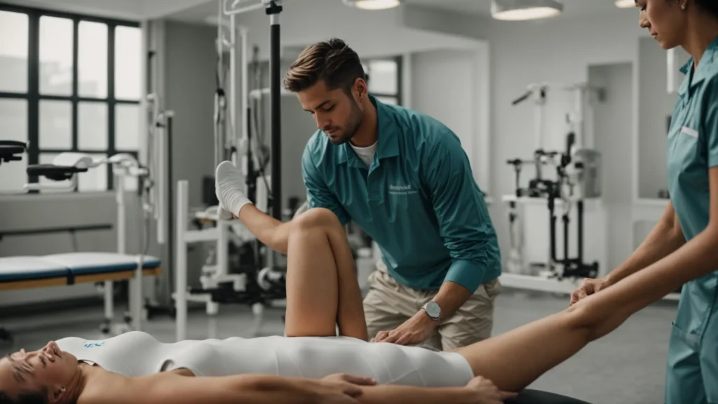 a physical therapist works with a patient on exercises in a well-equipped rehabilitation clinic.